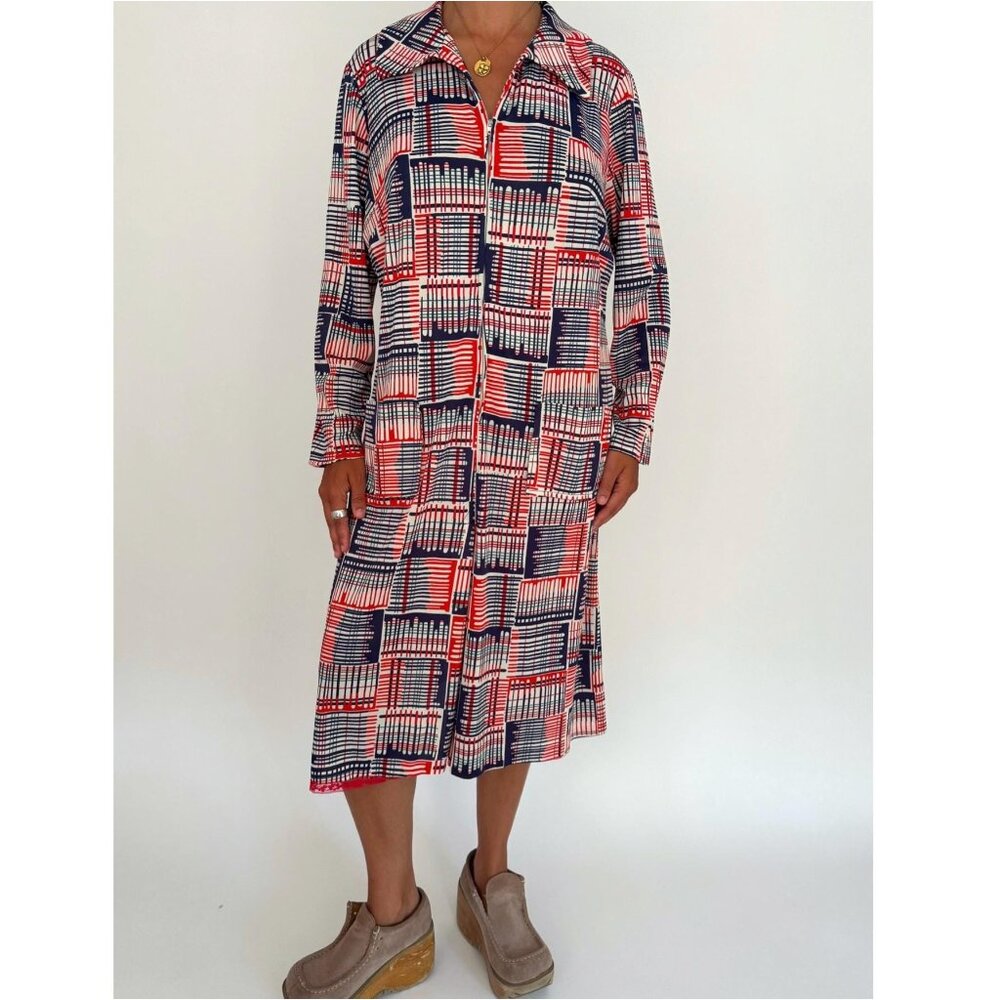 70s vintage multicolor abstract patterned retro collared zip up silky midi dress